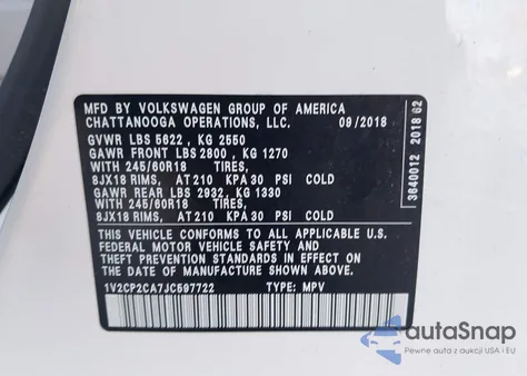 2018 Volkswagen Atlas 2.0T Se из США, поврежденный, VIN 1V2CP2CA7JC597722